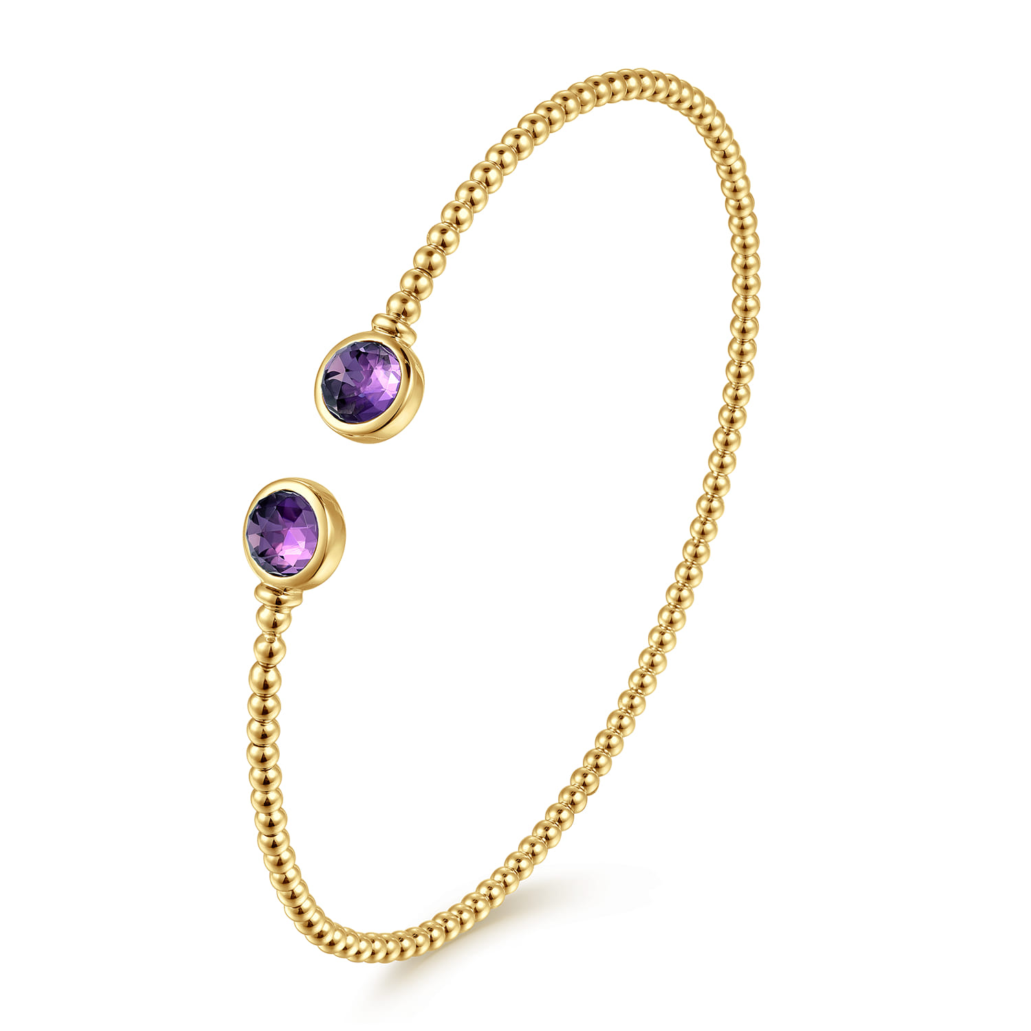 14K Yellow Gold Bujukan Bead Cuff Bracelet with Bezel Set Round Amethyst - Shot 2