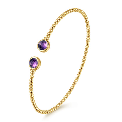 14K Yellow Gold Bujukan Bead Cuff Bracelet with Bezel Set Round Amethyst