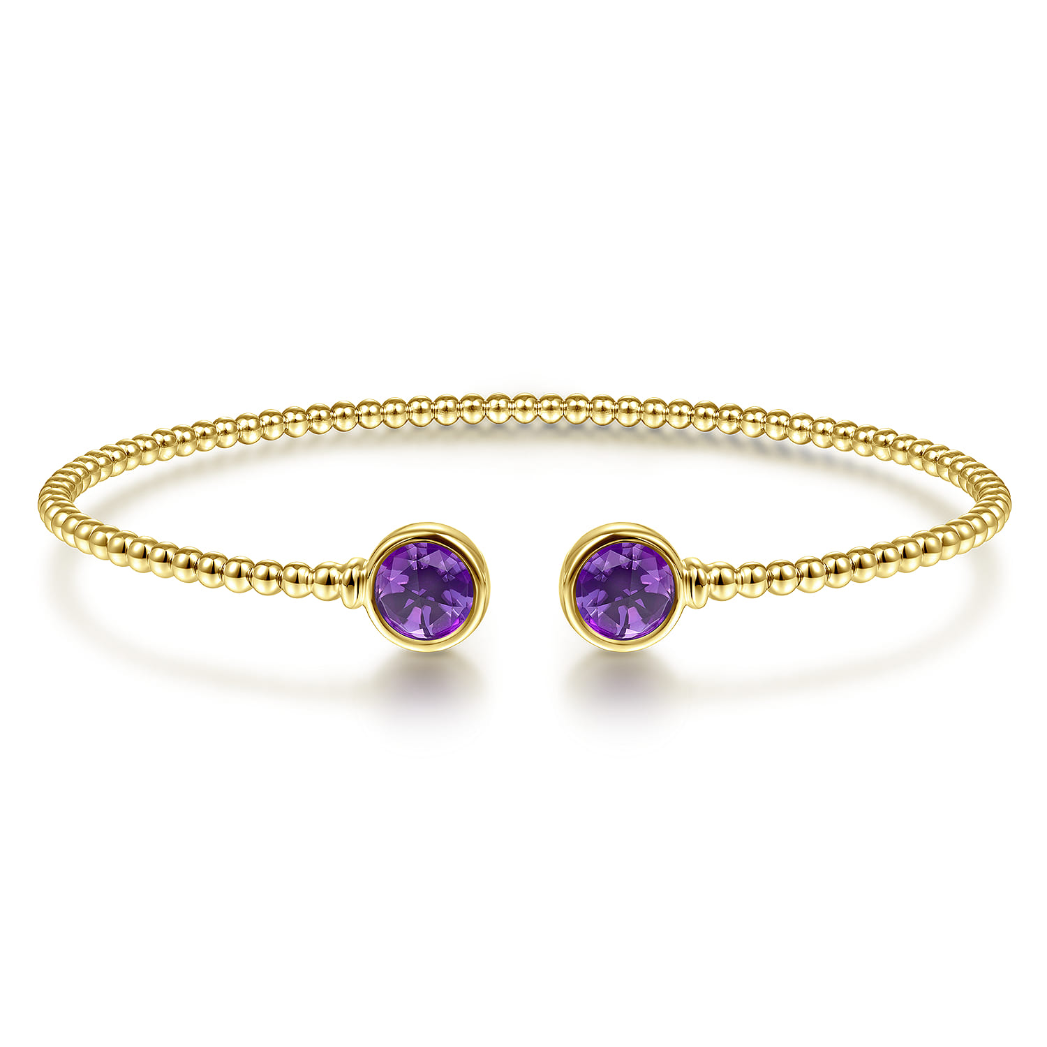 14K Yellow Gold Bujukan Bead Cuff Bracelet with Bezel Set Round Amethyst - Shot 1
