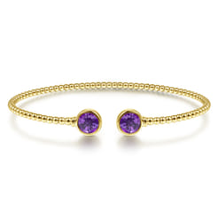 14K Yellow Gold Bujukan Bead Cuff Bracelet with Bezel Set Round Amethyst