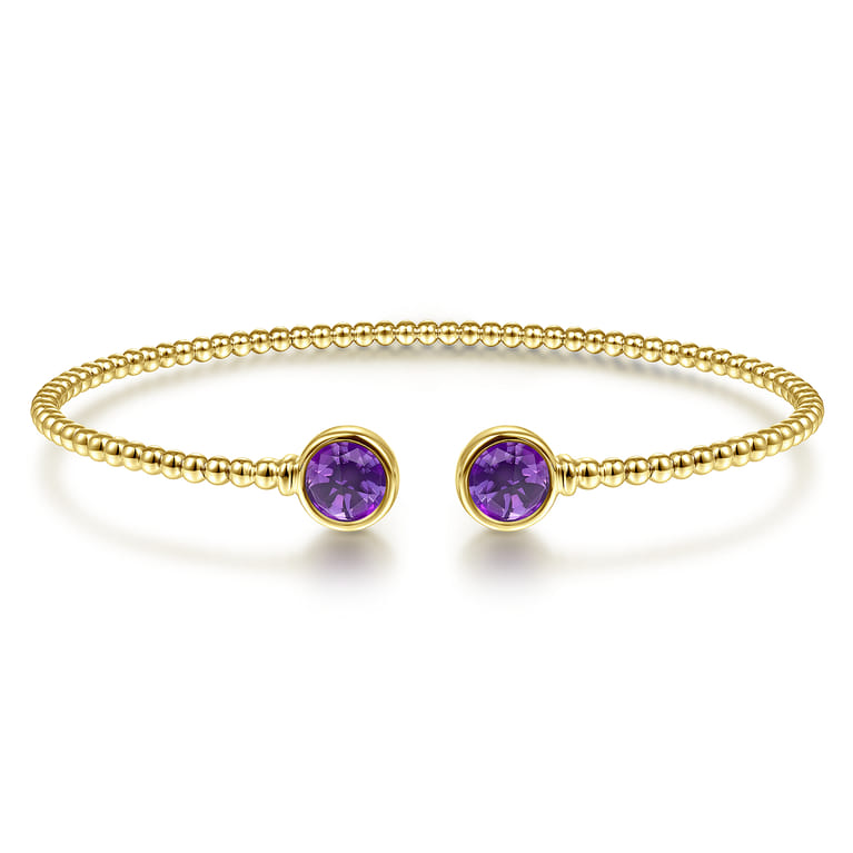 14K Yellow Gold Bujukan Bead Cuff Bracelet with Bezel Set Round Amethyst - Shot 1