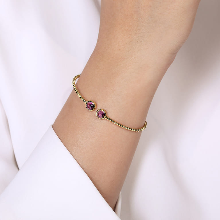 14K Yellow Gold Bujukan Bead Cuff Bracelet with Bezel Set Round Amethyst - Shot 4