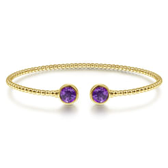 14K Yellow Gold Bujukan Bead Cuff Bracelet with Bezel Set Round Amethyst
