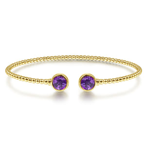 14K Yellow Gold Bujukan Bead Cuff Bracelet with Bezel Set Round Amethyst