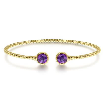 14K Yellow Gold Bujukan Bead Cuff Bracelet with Bezel Set Round Amethyst