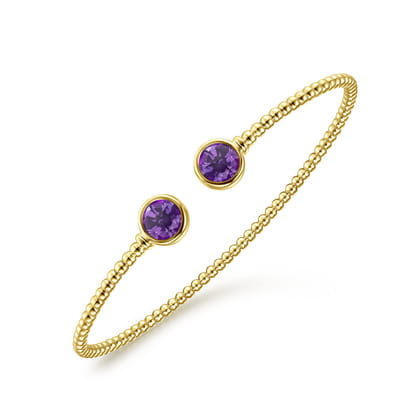 14K Yellow Gold Bujukan Bead Cuff Bracelet with Bezel Set Round Amethyst