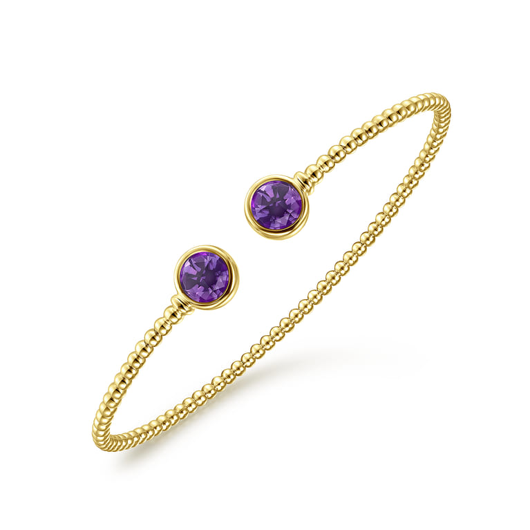 14K Yellow Gold Bujukan Bead Cuff Bracelet with Bezel Set Round Amethyst - Shot 2