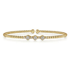 14K Yellow Gold Bujukan Bead Cuff Bracelet with Cluster Diamond Hexagon Stations