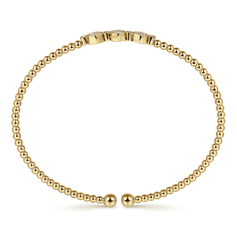 14K Yellow Gold Bujukan Bead Cuff Bracelet with Cluster Diamond Hexagon Stations - 0.14 ct - Shot 3