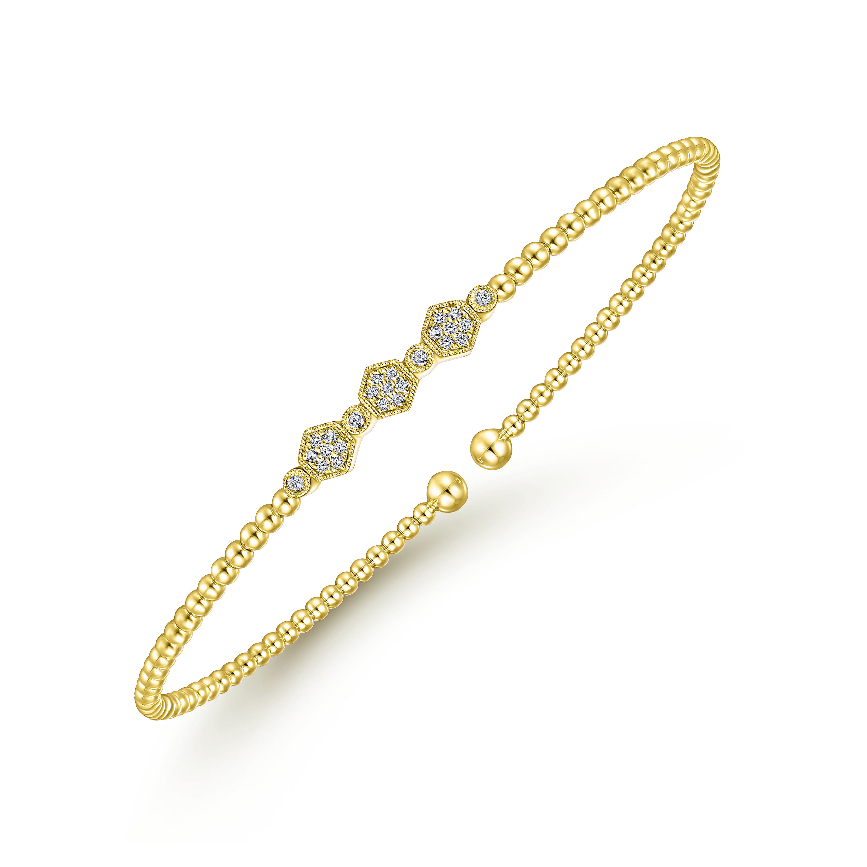14K Yellow Gold Bujukan Bead Cuff Bracelet with Cluster Diamond Hexagon Stations - 0.12 ct - Shot 2