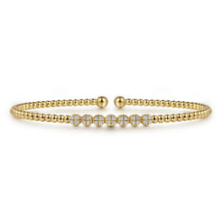 14K Yellow Gold Bujukan Bead Cuff Bracelet with Cluster Diamond Stations
