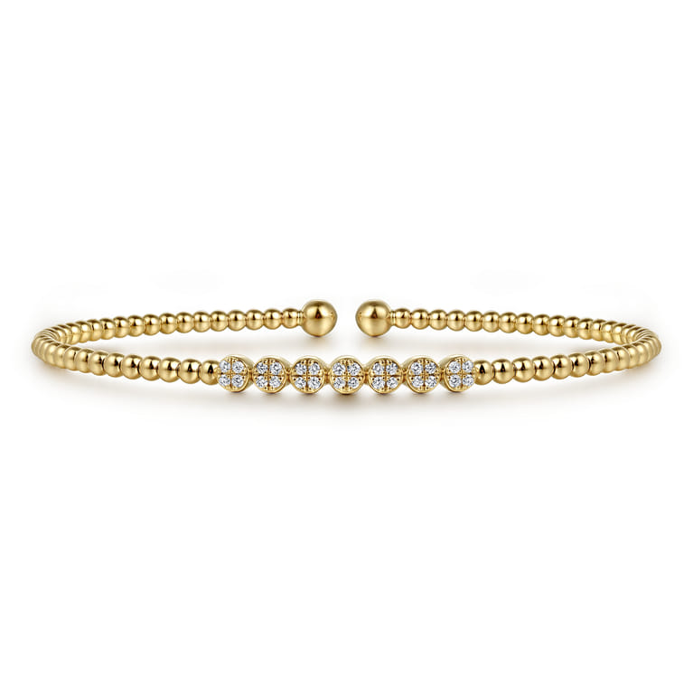14K Yellow Gold Bujukan Bead Cuff Bracelet with Cluster Diamond Stations - 0.14 ct - Shot 1