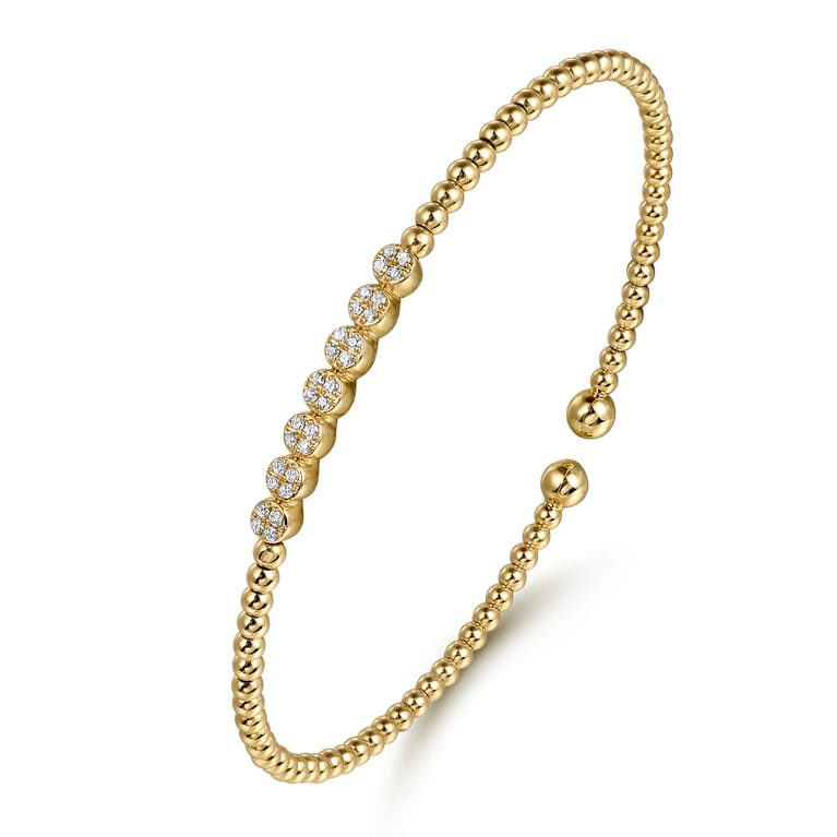 14K Yellow Gold Bujukan Bead Cuff Bracelet with Cluster Diamond Stations - 0.14 ct - Shot 2