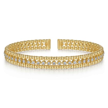 14K Yellow Gold Bujukan Bead Cuff Bracelet with Diamond Bezel Connectors