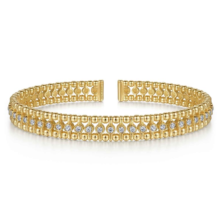 14K Yellow Gold Bujukan Bead Cuff Bracelet with Diamond Bezel Connectors - 0.75 ct - Shot 1