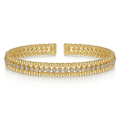 14K Yellow Gold Bujukan Bead Cuff Bracelet with Diamond Bezel Connectors
