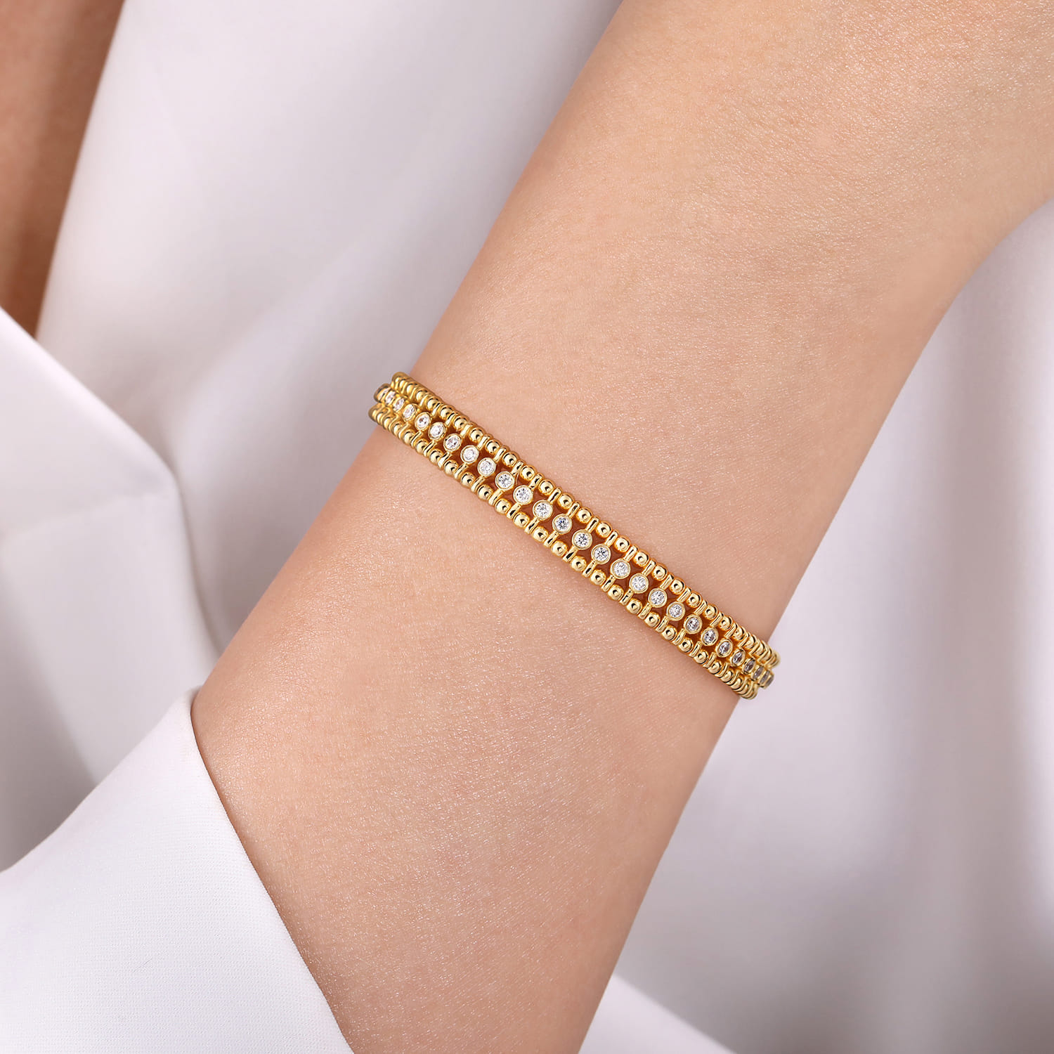14K Yellow Gold Bujukan Bead Cuff Bracelet with Diamond Bezel Connectors - 0.75 ct - Shot 4
