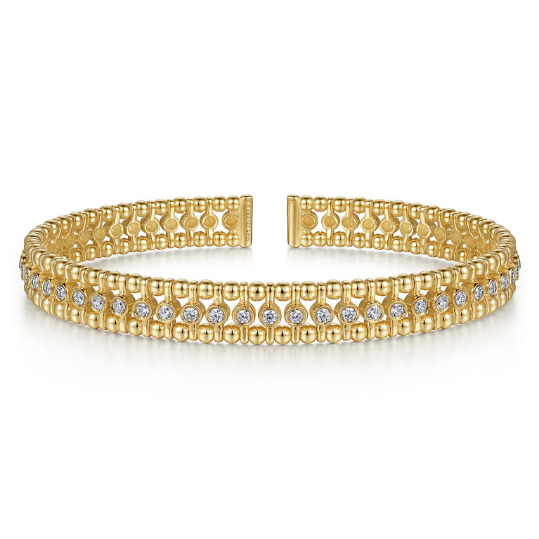 14K Yellow Gold Bujukan Bead Cuff Bracelet with Diamond Bezel Connectors - 0.75 ct - Shot 1