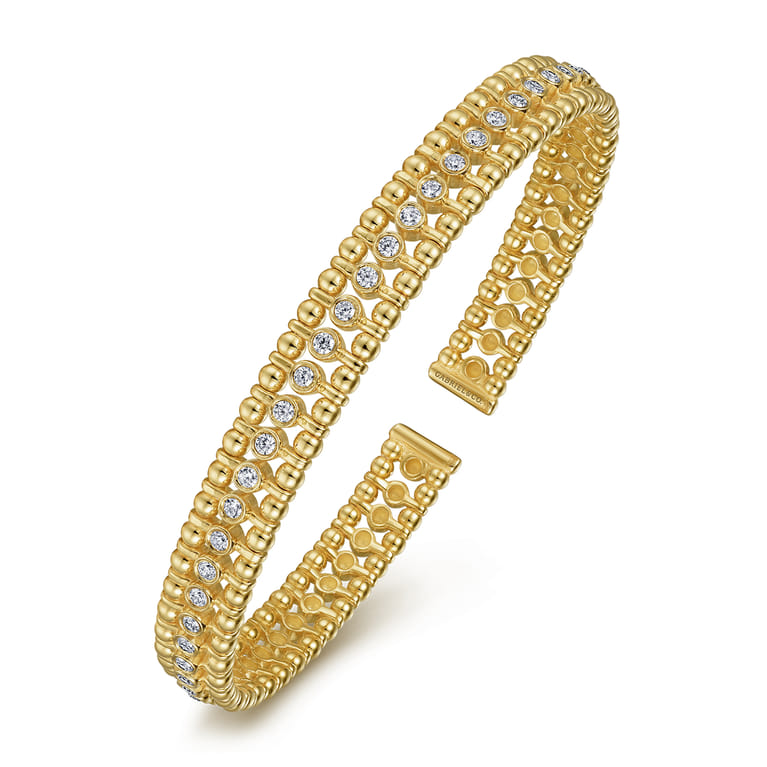 14K Yellow Gold Bujukan Bead Cuff Bracelet with Diamond Bezel Connectors - 0.75 ct - Shot 2