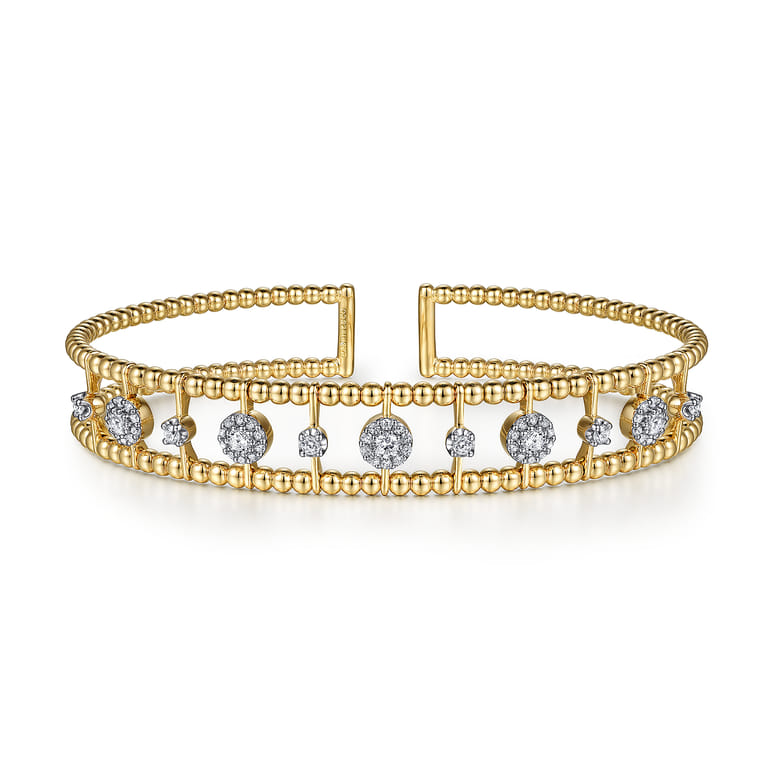 14K Yellow Gold Bujukan Bead Cuff Bracelet with Diamond Cluster and Bezel Connectors - 0.7 ct - Shot 1