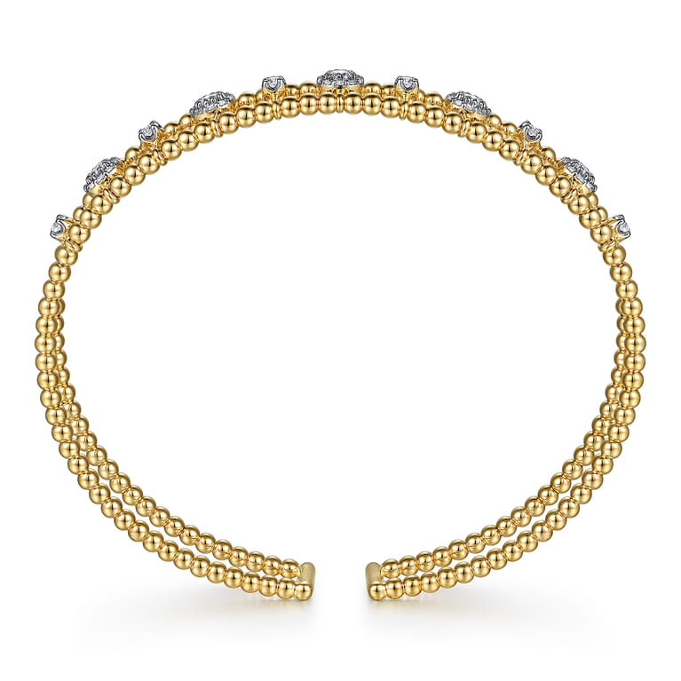 14K Yellow Gold Bujukan Bead Cuff Bracelet with Diamond Cluster and Bezel Connectors - 0.7 ct - Shot 3