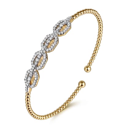 14K Yellow Gold Bujukan Bead Cuff Bracelet with Diamond Pav¿ª Links