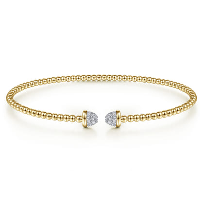 14K Yellow Gold Bujukan Bead Cuff Bracelet with Diamond Pave Caps