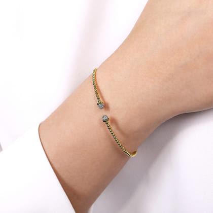 14K Yellow Gold Bujukan Bead Cuff Bracelet with Diamond Pave Caps