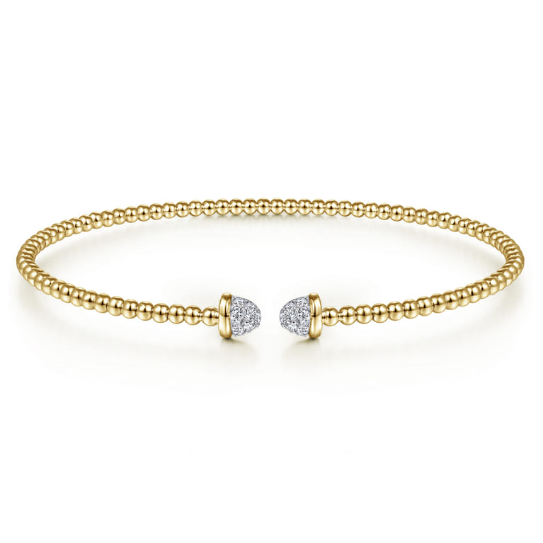 14K Yellow Gold Bujukan Bead Cuff Bracelet with Diamond Pave Caps - 0.21 ct - Shot 1