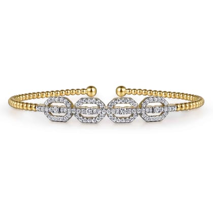 14K Yellow Gold Bujukan Bead Cuff Bracelet with Diamond Pave Links