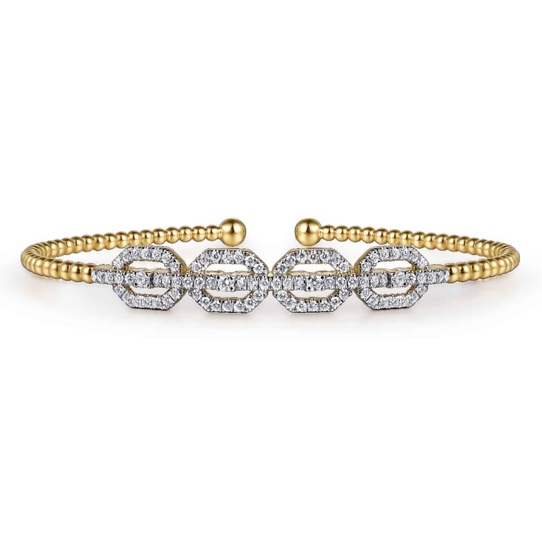 14K Yellow Gold Bujukan Bead Cuff Bracelet with Diamond Pave Links - 0.6 ct - Shot 1
