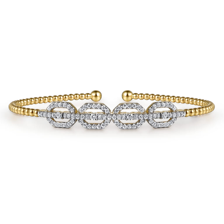 14K Yellow Gold Bujukan Bead Cuff Bracelet with Diamond Pave Links - 0.6 ct - Shot 1