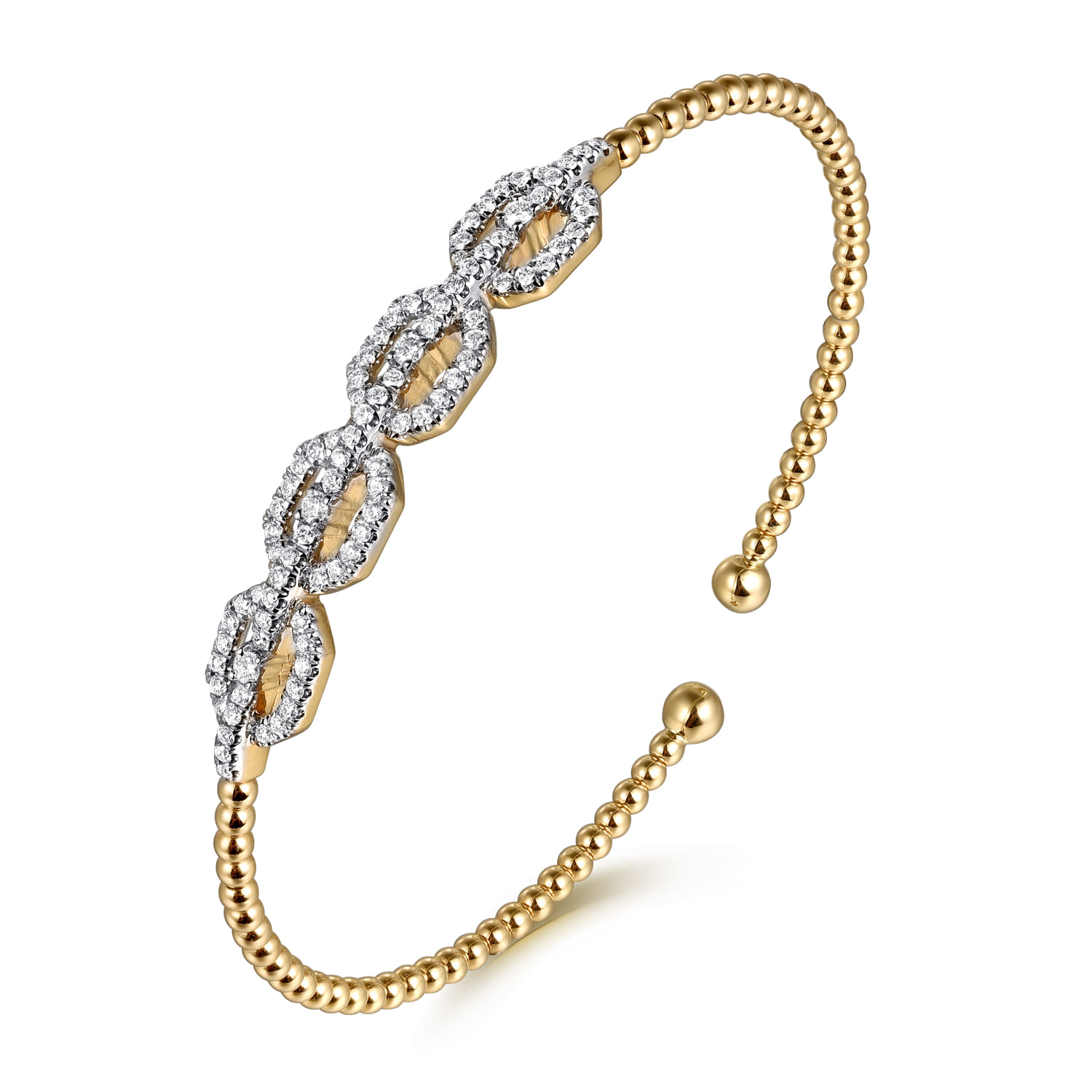 14K Yellow Gold Bujukan Bead Cuff Bracelet with Diamond Pave Links - 0.6 ct - Shot 2