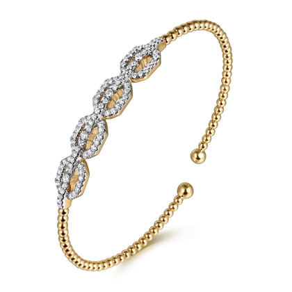 14K Yellow Gold Bujukan Bead Cuff Bracelet with Diamond Pave Links