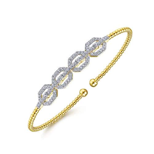 14K Yellow Gold Bujukan Bead Cuff Bracelet with Diamond Pave Links - 0.6 ct - Shot 2