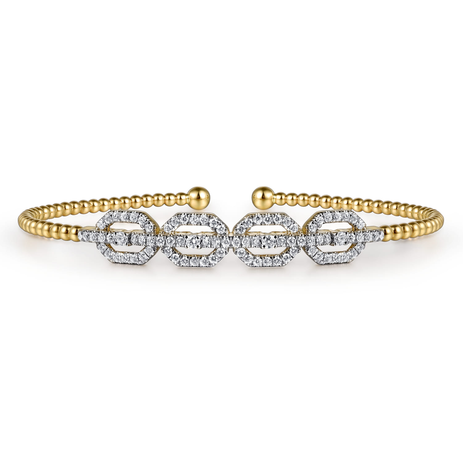 14K Yellow Gold Bujukan Bead Cuff Bracelet with Diamond Pave Links - 0.6 ct - Shot 1