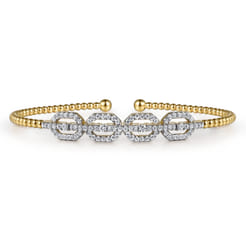 14K Yellow Gold Bujukan Bead Cuff Bracelet with Diamond Pave Links