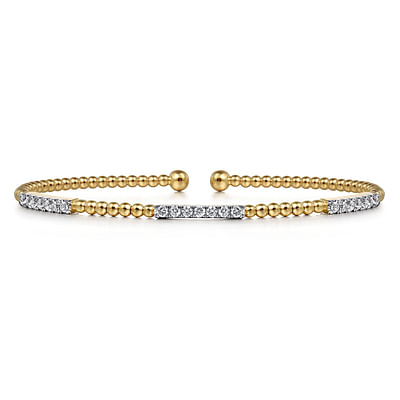 14K Yellow Gold Bujukan Bead Cuff Bracelet with Diamond Pave Stations