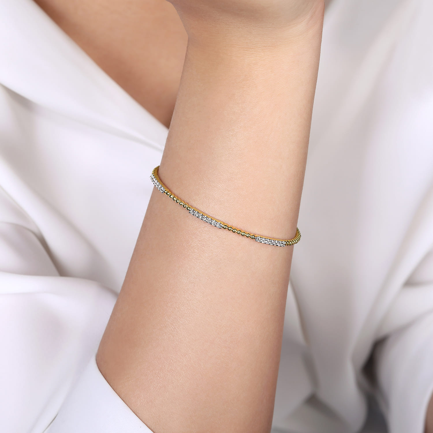 14K Yellow Gold Bujukan Bead Cuff Bracelet with Diamond Pave Stations - 0.45 ct - Shot 4