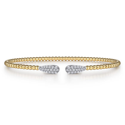 14K Yellow Gold Bujukan Bead Cuff Bracelet with Diamond Pave Teardrops