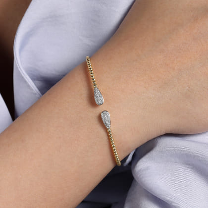 14K Yellow Gold Bujukan Bead Cuff Bracelet with Diamond Pave Teardrops