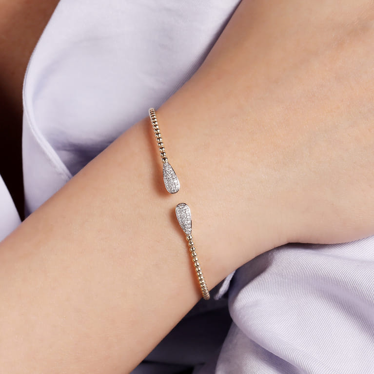14K Yellow Gold Bujukan Bead Cuff Bracelet with Diamond Pave Teardrops - 0.3 ct - Shot 4