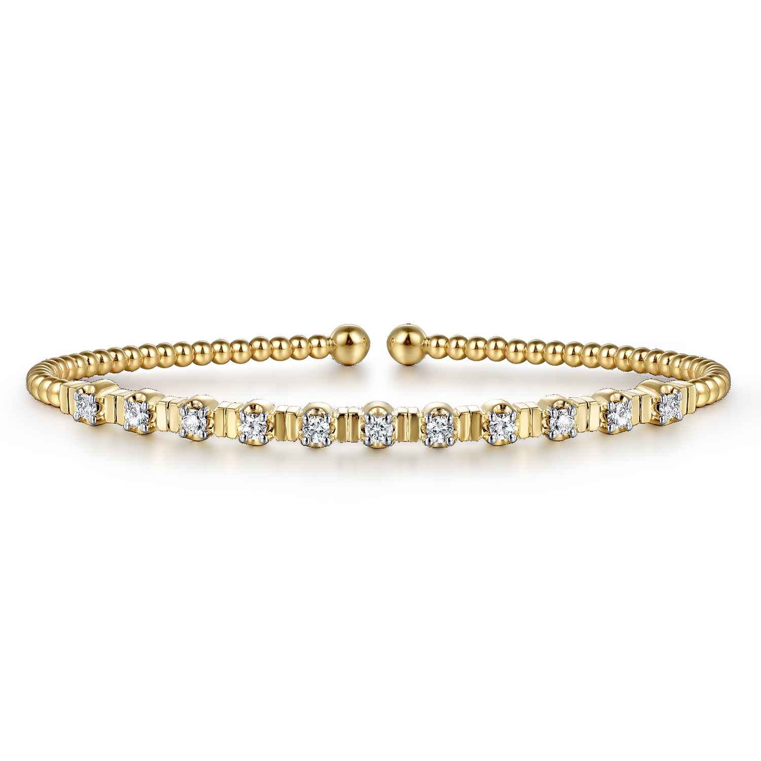14K Yellow Gold Bujukan Bead Cuff Bracelet with Diamond Stations - 0.33 ct - Shot 1