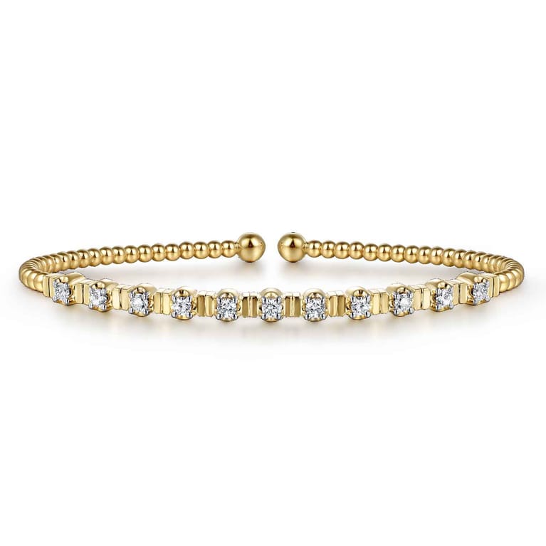 14K Yellow Gold Bujukan Bead Cuff Bracelet with Diamond Stations - 0.33 ct - Shot 1