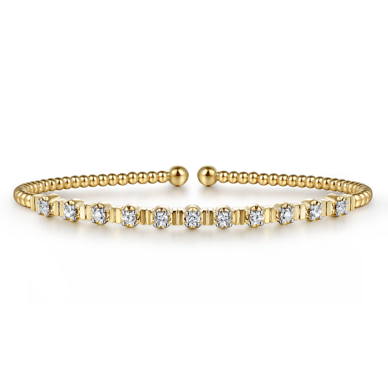 14K Yellow Gold Bujukan Bead Cuff Bracelet with Diamond Stations - 0.33 ct - Shot 1