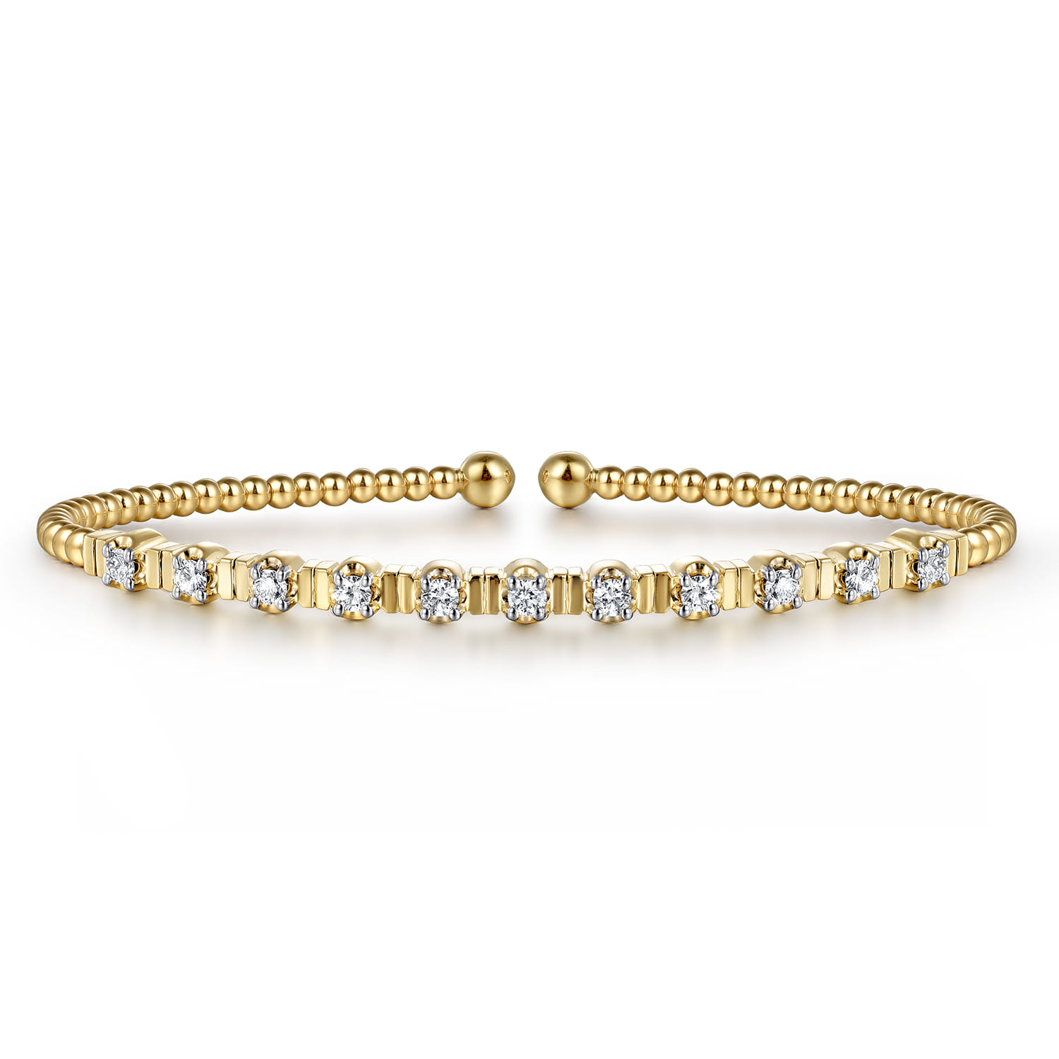14K Yellow Gold Bujukan Bead Cuff Bracelet with Diamond Stations - 0.33 ct - Shot 1