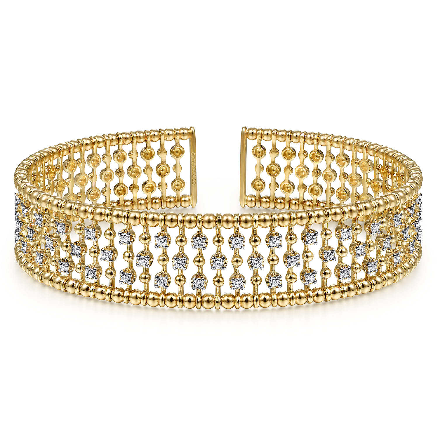14K Yellow Gold Bujukan Bead Cuff Bracelet with Diamond Stations - 0.75 ct - Shot 1