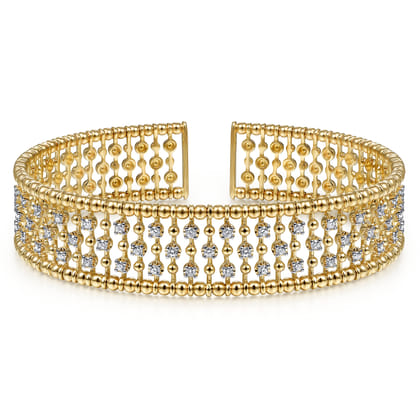 14K Yellow Gold Bujukan Bead Cuff Bracelet with Diamond Stations