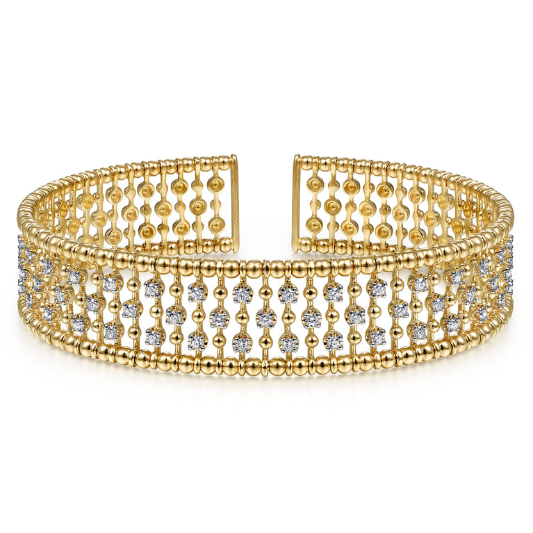 14K Yellow Gold Bujukan Bead Cuff Bracelet with Diamond Stations - 0.75 ct - Shot 1