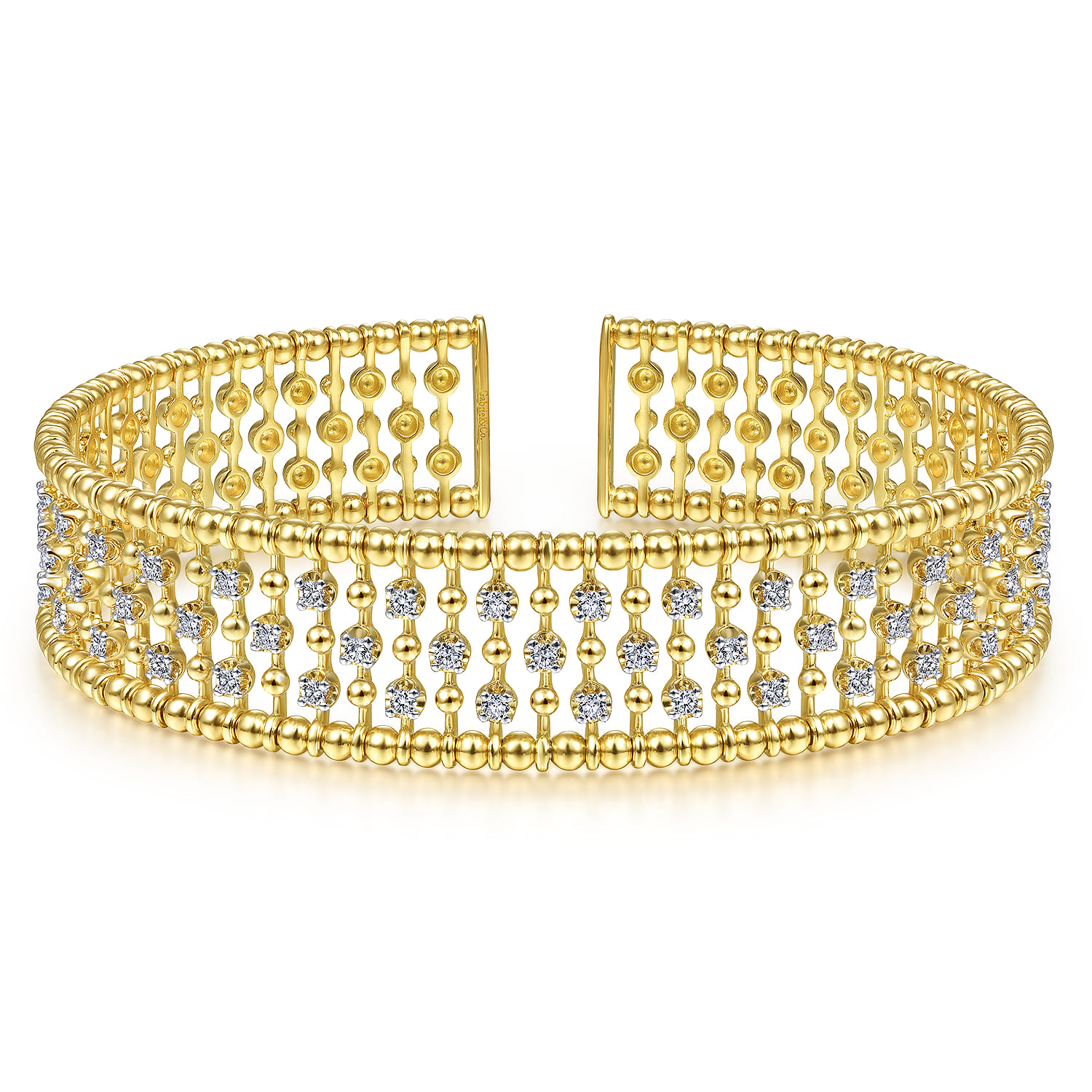 14K Yellow Gold Bujukan Bead Cuff Bracelet with Diamond Stations - 0.75 ct - Shot 1